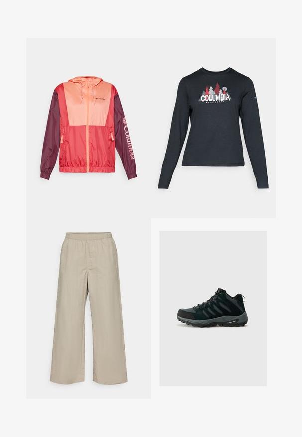 Ľahká bunda s kapucňou v červenej a ružovej farbe s farebným blokovaním, so zipsom, elastickými manžetami a potlačou loga Columbia na rukáve.; Dlhý rukáv, tmavošedá košeľa s grafikou červených stromov a hôr; logo "COLUMBIA" v tučnom bielom texte. Mäkká tkanina, štandardný okrúhly výstrih.; Široké nohavice zo svetlobežového materiálu s elastickým pásom, hladkou textúrou a bez viditeľného hardvéru či vzorov.; Columbia REDMOND - Turistické topánky - black/citron haze