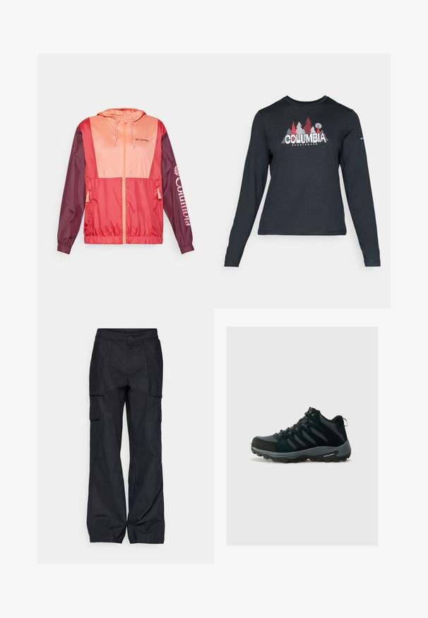 Cienka kurtka w kolorze czerwonym i różowym w technice color-blocking, z kapturem, zamek błyskawiczny, elastyczne mankiety oraz logo Columbia nadrukowane na rękawie.; Długie rękawy, ciemnoszara koszula z grafiką czerwonych drzew i gór; logo "COLUMBIA" w wyraźnym białym tekście. Miękka tkanina, standardowy okrągły dekolt.; Columbia - Długie spodnie trekkingowe; Columbia REDMOND czarny