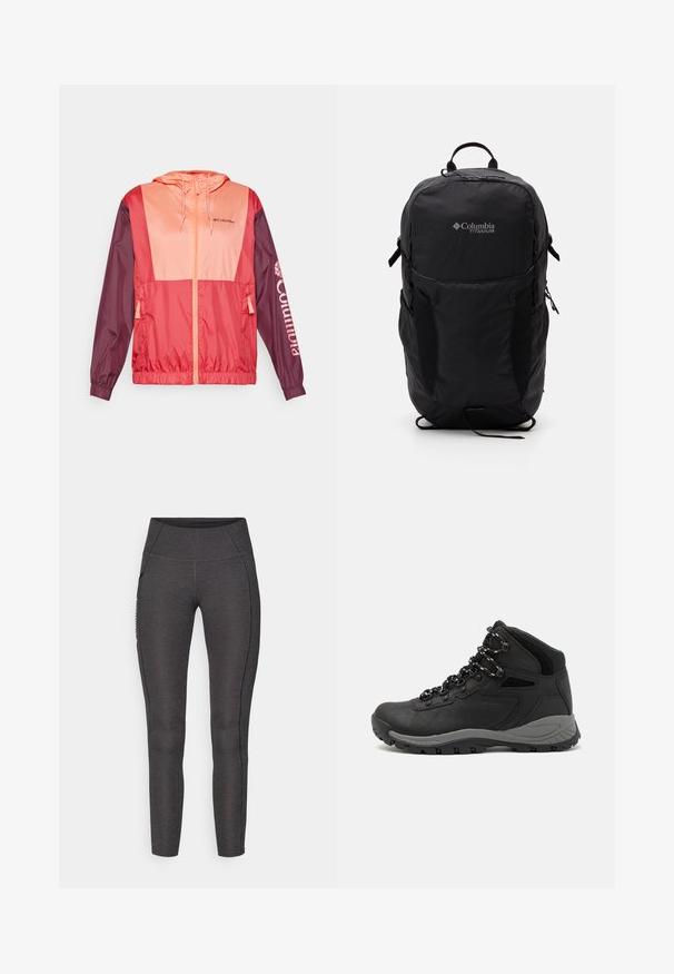 Veste légère colorée en rouge et rose, avec capuche, fermeture à glissière, poignets élastiques et logo Columbia imprimé sur la manche.; T-shirt gris à manches courtes fabriqué en tissu doux et évacuant l'humidité. Il présente un col rond et un petit logo blanc en haut à gauche.; Leggings taille haute en gris foncé, fabriqués à partir d'un tissu texturé. Présentent un design ajusté et des poches latérales pour le rangement.; Botte de randonnée noire au design mi-haut, avec un dessus texturé, des accents gris et une semelle en caoutchouc durable avec des crampons de traction.; Sac à dos Columbia Titanium noir avec une texture de tissu lisse, poches latérales, poignée supérieure et bretelles réglables. Design minimaliste avec un petit logo.