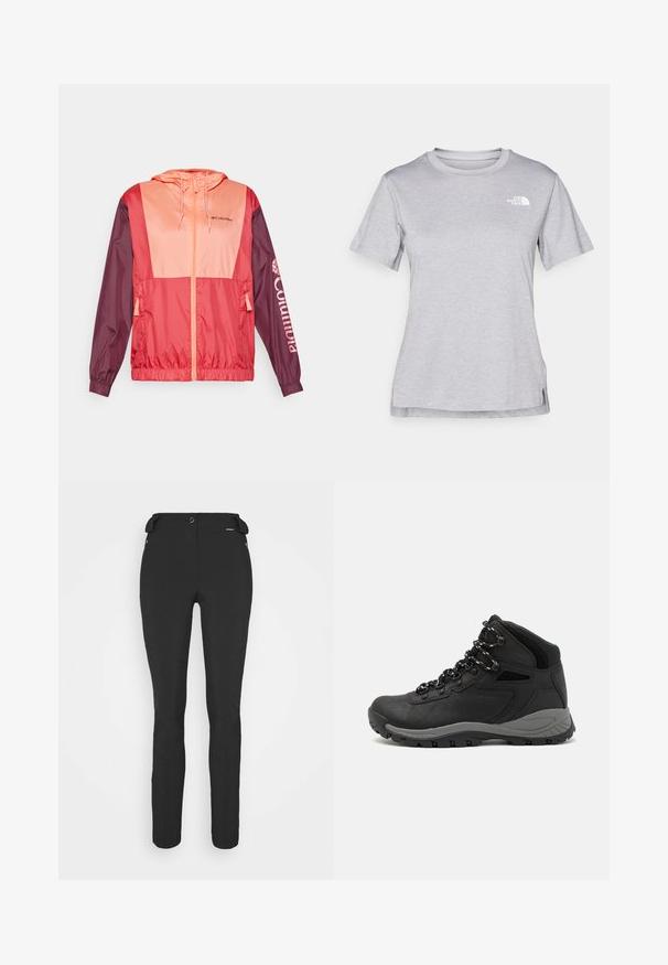 Red and pink color-blocked lightweight jacket with a hood, zip closure, elastic cuffs, and Columbia logo printed on sleeve.; Grey short-sleeve t-shirt made of soft, moisture-wicking fabric. Features a crew neck and a small white logo on the upper left.; Black, fitted pants made from a flexible material. Features include a zippered side pocket, articulated knees, and a smooth texture.; Black hiking boot with a mid-top design, featuring a textured upper, gray accents, and durable rubber sole with traction lugs.