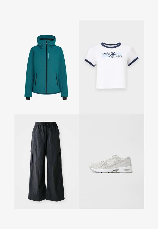Teal O'Neill jacket with a zip front, adjustable hood, and black zippered pockets. Textured fabric with contrasting color accents.; White cotton crop top featuring a navy blue ribbed neckline and sleeve cuffs. Front graphic displays "Nike 1972" and a running figure.; Black cargo pants made of lightweight fabric, featuring a wide leg design, elastic waistband, and multiple side pockets. Simple and functional.; Lightweight running shoes with a mesh upper in white, gray accents, cushioned sole, and textured overlays. Features integrated lacing system.
