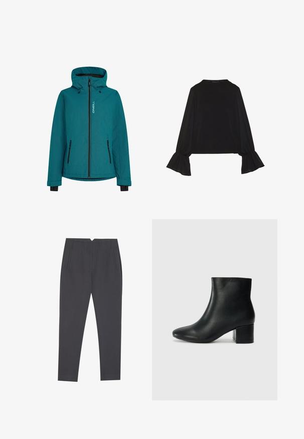 Teal O'Neill jacket with a zip front, adjustable hood, and black zippered pockets. Textured fabric with contrasting color accents.; Black long-sleeve top featuring flared cuffs, soft texture, and a relaxed fit, with a simple round neckline.; Dark gray tapered trousers with side pockets and front pleats, designed for a tailored fit.; Black leather ankle boots with a pointed toe and a chunky heel. Smooth texture with minimal accents and a sleek, fitted design.