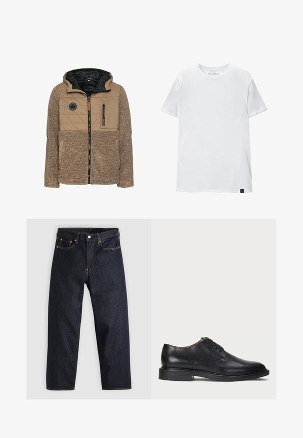 Braune Jacke mit gesteppter Optik im oberen Bereich und flauschiger Textur unten. Verfügt über eine Reißverschlusstasche, Kapuze und gesticktes Logo auf der Brust.; Weißes Muskel-fitt T-Shirt aus Baumwolle. Rundhals, kurze Ärmel, glatte Textur. Kleines schwarzes Logo-Tag am Saum. Schlichtes Design.; Dunkelblaue Jeans aus Denim mit geradem Schnitt, fünf Taschen, kontrastierenden orangen Nähten und einem Knopfverschluss. Keine sichtbaren Muster oder Verzierungen.; Schwarze Lederdressschuhe mit runder Zehenform, Schnürdesign und niedrigem gestapeltem Absatz. Glatte Textur mit minimalen Nähten.