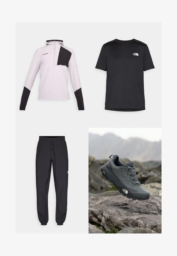 Ljuslila långärmad tröja med delvis dragkedja, med en svart bröstficka och kontrasterande svarta ärmar. Texturerad tyg.; Svart kortärmad T-shirt i lättviktig tyg. Har en liten vit logotyp på vänster bröst och subtila axeltoner.; Svarta träningsbyxor tillverkade av lättviktsmaterial, med dragsko i midjan, sidofickor och avsmalnande muddar vid anklarna.; Grå trail löparskor med en texturerad ovandel, hållbar gummisula och förstärkt tåparti. Har snören och logotyp på sidan.