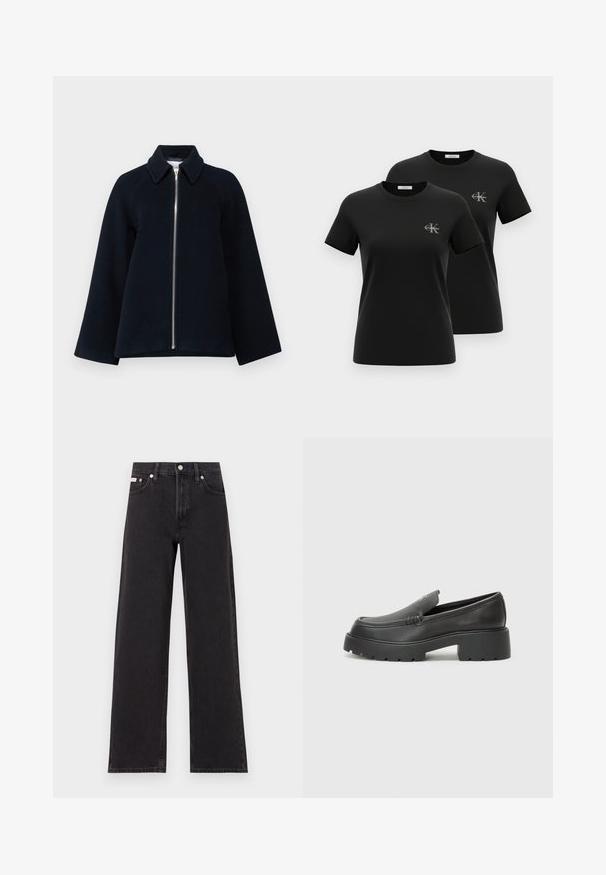 Samsøe Samsøe ALMA JACKET - Krátky kabát - outer space; Dve čierne tričká s krátkym rukávom a okrúhlym výstrihom, na ľavej strane na hrudi malý sivý nápis „CK Calvin Klein“, zobrazené na bielom pozadí.; Čierne široké džínsy vyrobené z denimu, s vysokým pásom, piatimi vreckami a kovovým zapínaním s kontrastným šitím.; Čierne kožené mokasíny s okrúhlou špičkou, hrubou textúrovanou podrážkou a minimom stehovej výzdoby. Štíhly dizajn bez viditeľných šnúr alebo kovania.