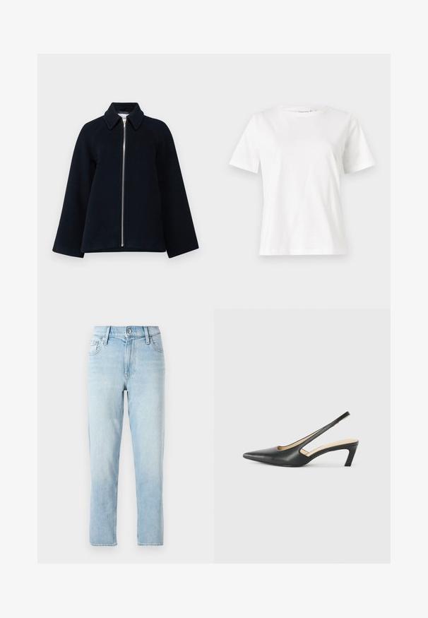 Samsøe Samsøe ALMA JACKET - Lühike jakk - outer space; Valge puuvillane T-särk lühikeste varrukatega, ümmarguse kaelusega ja vabalt istuv. Sile tekstuur, ilma mustrite ja aktsentideta, minimalistik disain.; Heledad sinine denimpüksid, sirge säärega disain, keskmise kõrge vöökoht, viie tasku stiil ja nööp sulgemine ees.; Must mustaga, terav varvas, madala kontsaga sildiga king, mis on valmistatud siledast nahast ja mille küljel on lõike disain hingavuse tagamiseks.