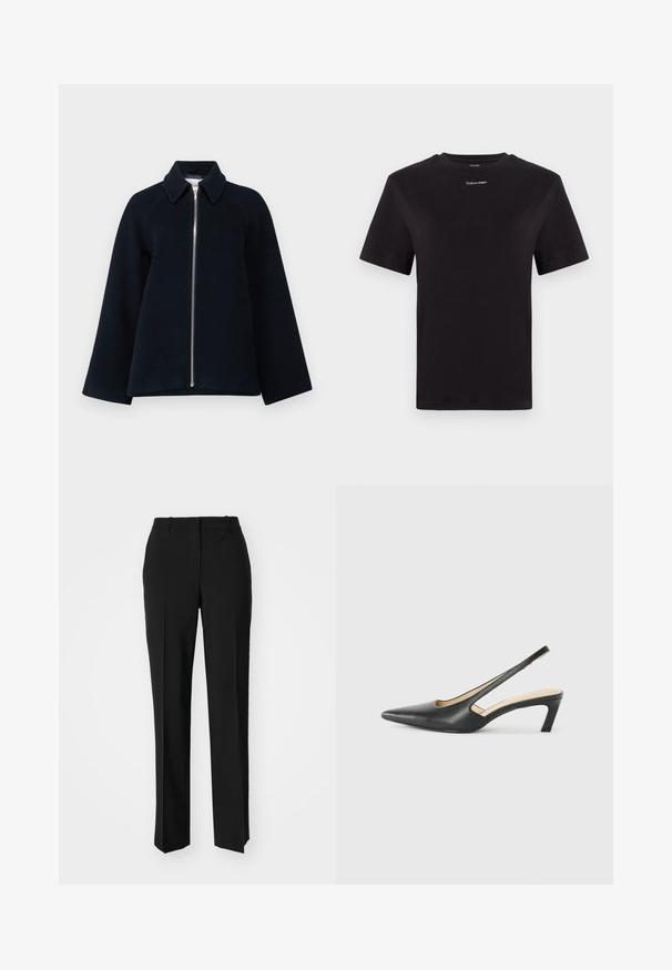 Samsøe Samsøe ALMA JACKET - Kort kappa / rock - outer space; Svart bomulls t-shirt med korta ärmar, rund halsringning och liten vit "Calvin Klein" logotyp vid bröstet. Slät textur, klassisk passform.; Svarta skräddarsydda byxor med rak benform, med en slät yta och skarpa veck fram. Ingen synlig hårdvara.; Svart spetsig slingback-sko med låg klack, som har ett slätt lädermaterial och utskärningsdesign på sidan för andningsförmåga.