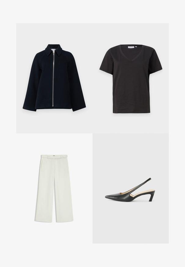 Samsøe Samsøe ALMA JACKET - Cappotto corto - outer space; T-shirt in cotone nero con scollo a V e maniche corte. Design semplice con vestibilità regolare, senza motivi o dettagli.; Pantaloni a gamba larga in tessuto crema chiaro, dotati di tasche laterali, frontale liscio e chiusura a un bottone in vita. Texture morbida.; Scarpa slingback nera con punta affilata e tacco basso, realizzata in pelle liscia e con un design a taglio laterale per favorire la traspirabilità.