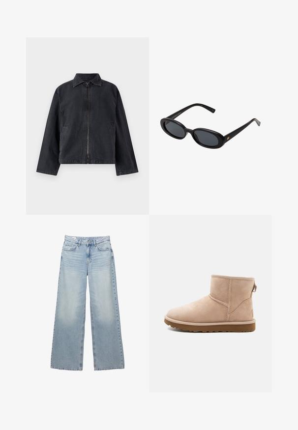 Crna traper jakna s patentnim zatvaračem, uvojenim ovratnikom, dugim rukavima i bočnim džepovima; ima opušteni kroj i suptilnu teksturu.; Bijela majica kratkih rukava s okruglim izrezom i opuštenim krojem. Izrađena od glatkog materijala, s blagom teksturom i čistim linijama.; Svijetloplave, široke traperice izrađene od denima. Imaju pet džepova, petlje za remen i zakopčavanje na gumb. Izbjeljeni izgled s suptilnim izblijedjivanjem.; Bež antilop čizme do gležnja s zaobljenim vrhom, šivenim detaljima i teksturiranom smeškom gumom. Ima pull tab na poleđini.; Crne velike sunčane naočale s ovalnim staklima, glatkim plastičnim okvirom i zlatnim detaljima na sljepočnicama. Tamna stakla pružaju zaštitu od sunca.