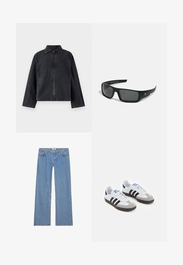 Čierna riflová bunda so zipsom vpredu, špicatým golierom, dlhými rukávmi a bočnými vreckami; má voľný strih a jemnú textúru.; Dvoje tričiek s dlhým rukávom: jedno čierne a jedno biele. Obe majú okrúhly výstrih a hladkú, rebrovanú štruktúru. Na vnútornom strane výstrihu je viditeľná značka.; Svetlomodré riflové nohavice s širokými nohavicami, vyrobené z denimu, s piatimi vreckami, zapínaním na gombík a šitím pozdĺž švov a lemov.; Športové topánky s bielym koženým zvrškom, šedou semišovou špičkou a tromi čiernymi pruhmi. Obsahujú modré logo na jazyku a štruktúrovanú gumovú podrážku.; Čierne slnečné okuliare s obdĺžnikovým rámom, tmavošedými sklami a hladkým plastovým povrchom. Výrazný logotyp na boku.; Čierna nylonová taška cez rameno so zakriveným tvarom, strieborným reťazovým akcentom, odnímateľnou mini taškou a nastaviteľným popruhom; má logo "Steve Madden".