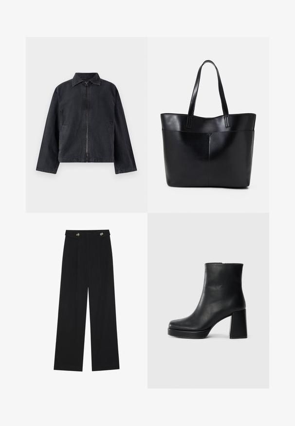 Black denim jacket with a zip front, pointed collar, long sleeves, and side pockets; features a relaxed fit and subtle texture.; Black long-sleeve top featuring flared cuffs, soft texture, and a relaxed fit, with a simple round neckline.; Black wide-leg trousers with high waist, button details on waistband, and front pleats.; Black leather ankle boot with a block heel and platform sole, viewed from the side on a plain white background.; Black leather tote bag with two long handles, a smooth texture, and a structured shape. Features a front pocket for additional storage.