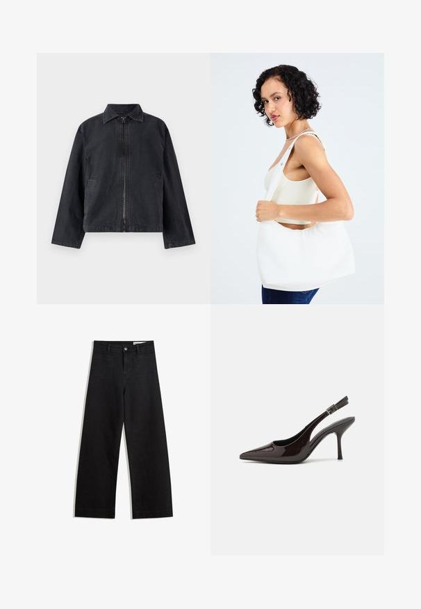 Veste en denim noir avec fermeture éclair à l'avant, col pointu, manches longues et poches latérales ; présente une coupe décontractée et une texture subtile.; Deux t-shirts à manches courtes, l'un blanc et l'autre noir, en coton. Les deux présentent un col rond et un design simple et classique.; Pantalon en denim noir à jambes larges avec une taille haute, comprenant des poches avant et arrière, des coutures piquées et une fermeture à bouton. Texture lisse.; Soulier à talons hauts type slingback en cuir verni marron foncé brillant, à bout pointu, côtés ouverts et bride de cheville réglable.; Sac à épaule blanc en matériau lisse, doté d'une découpe ovale et d'une large sangle. Simple et moderne, sans quincaillerie visible.