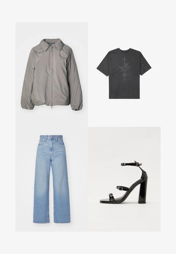 Weekday HELENA PADDED JACKET - Veste mi-saison - dusty grey; T-shirt surdimensionné gris foncé en coton, avec un graphisme central représentant un soleil, ornée de détails de lignes complexes imprimés sur le devant.; Jean large taille haute bleu clair avec bouton et fermeture éclair à l'avant, poches avant et arrière, sur fond blanc.; Sandales à talons vernies noires avec un bout carré, des sangles autour de la cheville et des boucles en argent. Dotées d'un talon bloc épais pour plus de stabilité.