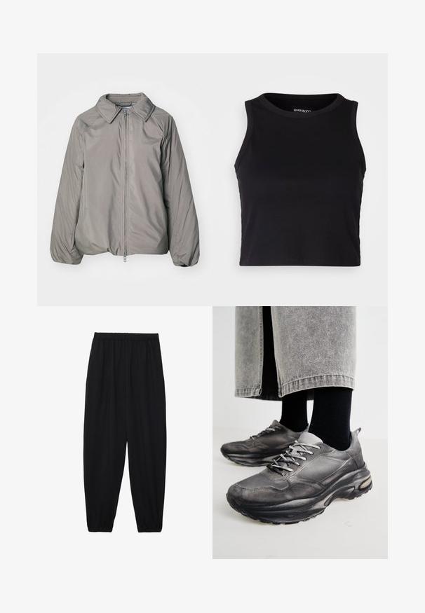Weekday HELENA PADDED JACKET - Light jacket - dusty grey; Black ribbed crop tank top with a round neckline and sleeveless design. Made from soft, stretchy fabric, featuring clean hemmed edges.; Black, lightweight pants with an elastic waistband and gathered ankles. The fabric is smooth and features a relaxed, tapered design.; Black and gray athletic shoes feature a mesh upper, thick soles, and laces. They have a rounded toe and visible cushioning detail.