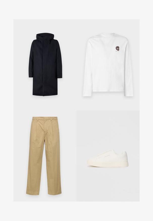 Casaco de inverno longo e preto com capuz, fecho frontal escondido, mangas longas e bolsos laterais em fundo claro.; T-shirt de manga longa branca feita de algodão. Apresenta um pequeno design gráfico castanho escuro no peito. Gola redonda clássica e corte reto.; Calças de algodão bege com um design de perna reta, apresentando pregas frontais e bolsos laterais. O tecido tem uma textura suave e macia.; Sapatilhas brancas de atacar com uma superfície texturizada, sola grossa e design minimalista. Possui o logo da marca na lateral.