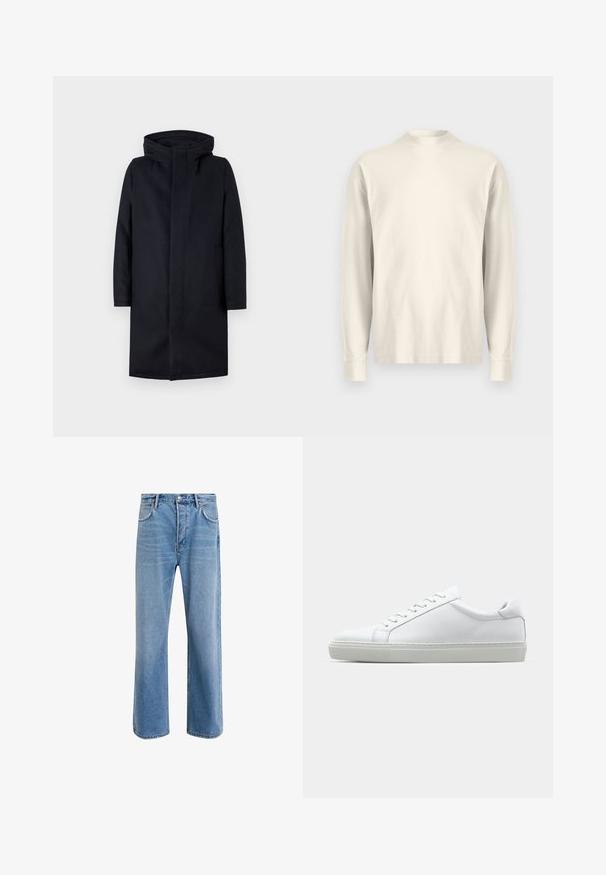 Črn dolg zimski plašč s kapuco, skrito sprednje zapiranje, dolgi rokavi in stranske žepe na enobarvni svetli podlagi.; Majica z dolgimi rokavi in visoko ovratnikom iz svetle smetane bombaža. Gladka tekstura, sproščen kroj, minimalističen dizajn, brez vidnih vzorcev ali poudarkov.; Svetlo modre denim kavbojke s ravno nogavico, petimi žepi, z gumbom za zapiranje, minimalnim zbledelostjo in kontrastnimi šivi.; Bela športna obutev z gladkim usnjenim zgornjim delom in nizkim profilom. Ima zaokrožen nos, šest lukenj za vezalke in teksturiran gumijast podplat.