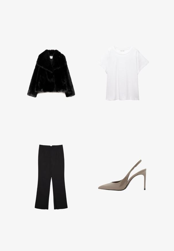Čierna faux kožušinová bunda s širokým golierom, skráteným strihom, jemnou textúrou a skrytým predným zapínaním.; Biele tričko vyrobené z mäkkého, ľahkého materiálu. Má okrúhly výstrih a krátke, široké rukávy s uvoľneným strihom. Bez viditeľných vzorov.; Čierne nohavice so strihom rovného strihu, s prednými vreckami a bočnými rozparkami na leme. Vyrobené z mäkkej, hladkej tkaniny. Vhodné na rôzne príležitosti.; Beige lakované kožené lodičky s odkrytým pätkom a špicatou špičkou, so štíhlym dizajnom, tenkým vysokým opätkom a výrezom na strane.