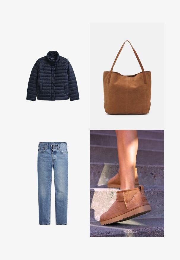Marineblå quiltet pufferjakke med opretstående krave, frontlukning med trykknapper og sidelommer, lavet af et letvægtsmateriale.; Cremefarvet kabelstrikket sweater med lange ærmer, ribbede manchetter og kant, med et lille broderet logo på venstre bryst.; Lyseblå denimjeans med lige pasform, fem-lomme-design og knaplukning. Har subtile falmede detaljer og orange søm.; Tan ruskind ankelstøvler med en blød tekstur, stikninger og en gummisål, der har en løkkehælkappe for nem på- og aftagning.; Brun ruskinds tote bag med to lange håndtag, der har en glat tekstur, enkelt design og ingen synlige metaldele eller accenter.