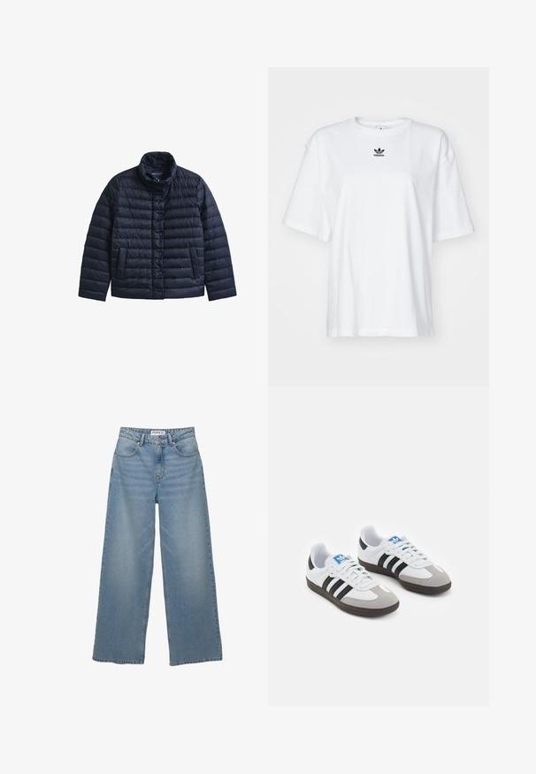 Giubbotto imbottito trapuntato blu navy con colletto alla coreana, chiusura frontale a bottoni automatici e tasche laterali, realizzato in materiale leggero.; T-shirt bianco a maniche corte in cotone. Presenta un collo rotondo e un piccolo logo Adidas nero sul petto. Orlo dritto.; Jeans a gamba larga di colore azzurro chiaro realizzati in denim. Caratterizzati da vita alta, cinque tasche e un taglio dritto con minima scoloritura.; Scarpe sportive con tomaia in pelle bianca, punta in suede grigia e tre strisce nere. Presentano un logo blu sulla linguetta e una suola in gomma testurizzata.