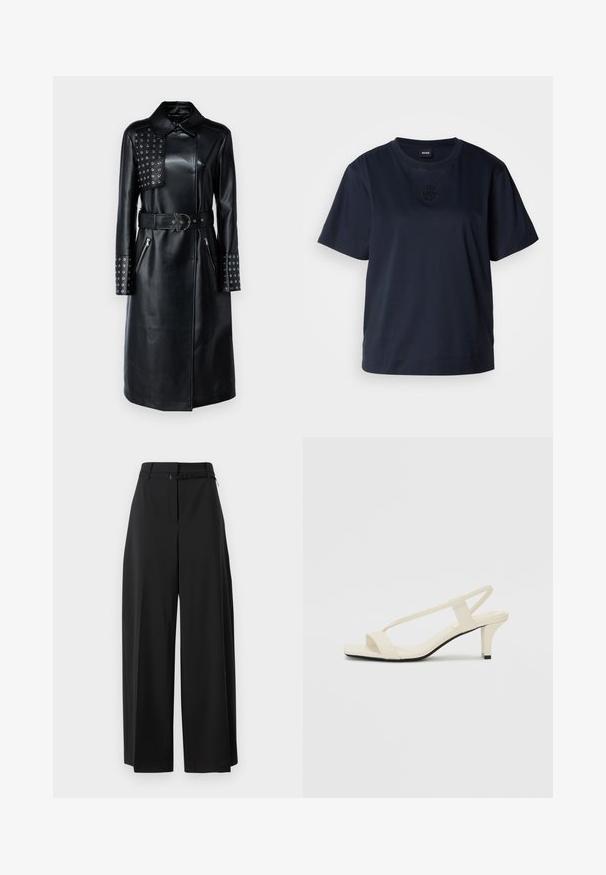 Melnas ādas mētelis ar apkakli, uz vienas pleca ar studētām ieliktni, ar rāvējslēdzēja kabatām un atbilstošu jostu ar unikālu sprādzi.; Tumši zila īsām piedurknēm T-kreklu, kas izgatavots no mīksta kokvilnas. Tam ir apaļa apkakle un diskrēts izšūts logos uz krūšu daļas.; Melnas plašas bikses ar augstu jostasvietu un jostu. Tām ir gluda tekstūra un tīras līnijas, un tās ir paredzētas brīvai piegriešanai.; Beige bloku papēžu sandales ar plānām siksnām un kvadrāta formas purngalu. Gluda materiāla virsma ar minimālām detaļām, paredzētas ērtai nēsāšanai.