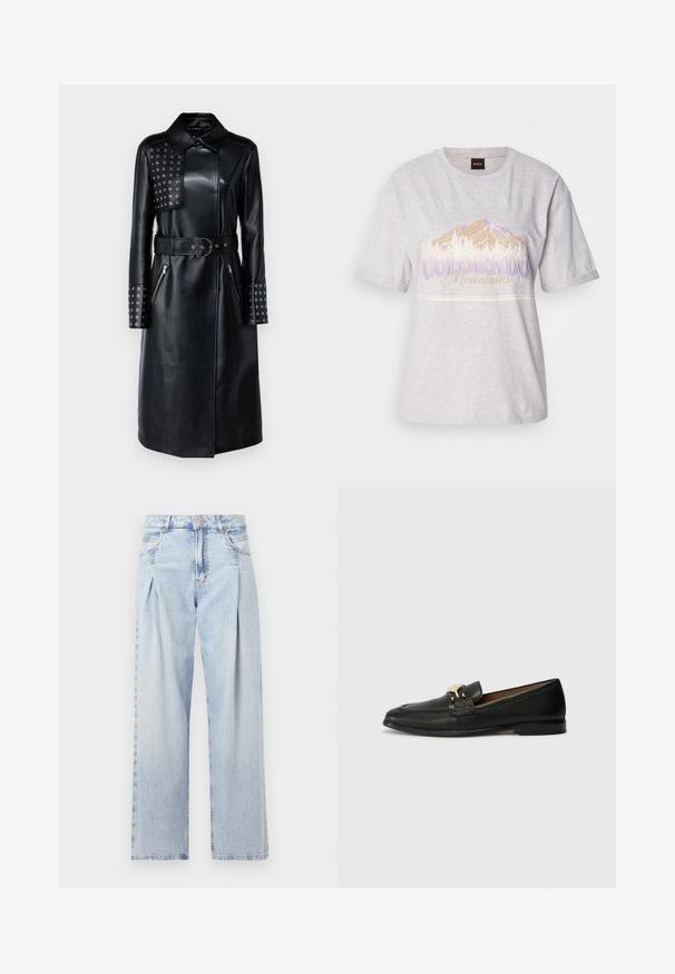 Melnas ādas mētelis ar apkakli, uz vienas pleca ar studētām ieliktni, ar rāvējslēdzēja kabatām un atbilstošu jostu ar unikālu sprādzi.; Gai pelēkas krāsas kokvilnas t-krekls ar īsām piedurknēm, uz kura ir kalnu grafika un uzraksts purpura un bēšā krāsā. Apaļš kakla izgriezums, brīvs piegriezums.; Gaiši zilas džinsu bikses ar augstu jostasvietu, plats kāju griezumu, divām sānu kabatām un krokotā dizaina akcentiem. Mīksta tekstūra ar izdilušu apdari.; Melnas ādas mokasīni ar zelta akcentējošu sprādzi, noapaļota purngala, šūšanas detaļām un platu zoli vieglai uzvilkšanai.