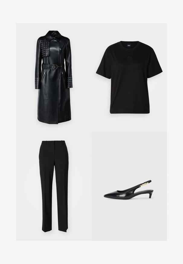 Black leather coat with a collar, studded panel on one shoulder, zippered pockets, and a matching belt with a unique buckle.; Black cotton t-shirt with a crew neckline, short sleeves, and an embroidered logo on the chest. Simple, relaxed fit with no patterns.; Black tailored trousers with a straight-leg design, featuring a smooth texture and crisp creases along the front. No visible hardware.; Black leather slingback heels with a pointed toe, featuring a slim heel and a gold-tone accent on the adjustable strap. Smooth texture.