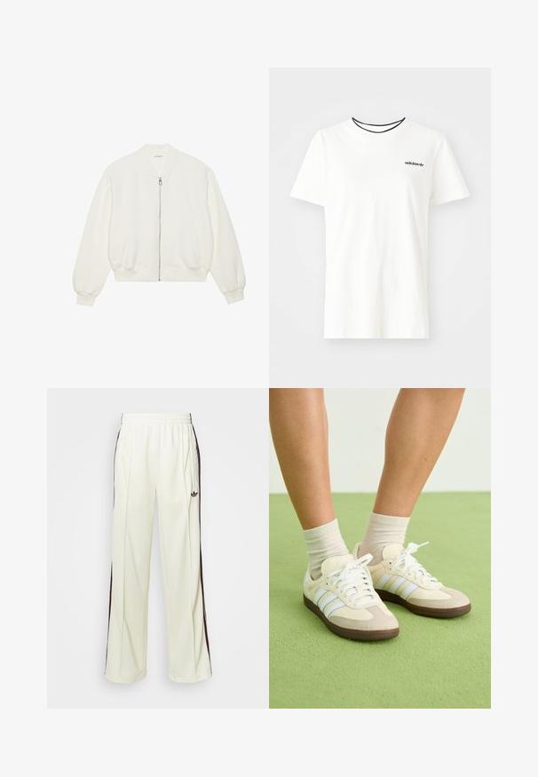 Valge tikandiga bombersoe, millel on lukuga esiosa, soonikkoes varrukad ja alläär, ning kaks küljetaskut. Pehme materjal, millel on tekstureeritud pind.; Valge puuvillasest t-särgist lühikeste varrukatega ja ümarate kaelustega. Rinnal on must Adidas'i logo ning kontrastne must sisekaelus.; Kreemivärvi lõdvalt istuvad dressipüksid, mis on varustatud tumeda pruuniga külgtriipudega ja vasakul reiel tikitud logoga.; Samba tossud kreemja ja beeži värvilahendusega, millel on kolm helesinist triipu, valged lõngad ja pruunid kummitaldad.