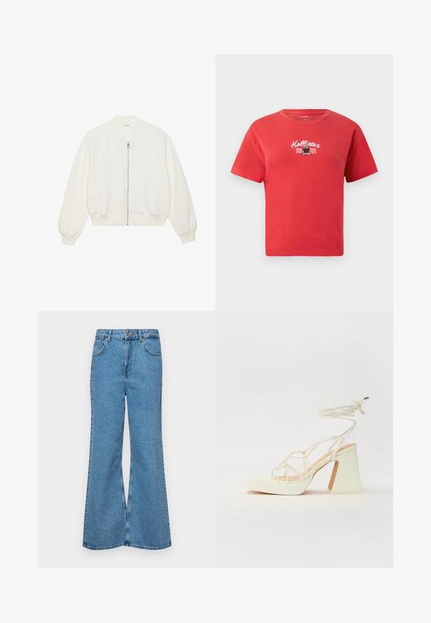 Hvit quiltet bomberjakke med glidelås foran, ribbestrikkede ermer og hems, samt to sidelommer. Mykt materiale med teksturert overflate.; Rød bomull t-skjorte med rund hals, med hvit brodert "Hollister" tekst og et bjørne grafikk, sammen med "2002" under.; Lyseblå vide jeans laget av denim, med høyt liv, fem lommer og en enkelt knappelukking. Myk tekstur med falmet finish.; Hvit høyhælte sandal med kraftig hæl, med en stroppe-design og ankelbånd. Glatt tekstur med plattform foran for ekstra høyde.