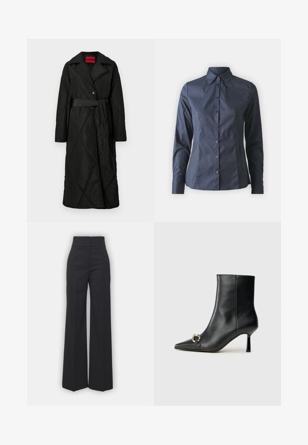 Dlhý čierny prešívaný kabát so širokým golierom, dvoma gombíkmi a zodpovedajúcim pásikom zviazaným v páse, označený HUGO vo vnútri goliera.; Námornícky modrá košeľa s dlhými rukávmi, s gombíkmi na prednej strane, s špicatým golierom a prispôsobeným strihom. Vyrobená z hladkej, ľahkej tkaniny.; Široké nohavice z čiernej tkaniny s vysokým pásom, s čistým lemovaním a hladkou textúrou. Bez viditeľných kovových prvkov alebo vzorov.; Čierna kožená členková obuv s špicatou špičkou, štíhlým stredne vysokým podpätkom a striebornou sponou na boku na jednoduchom pozadí.