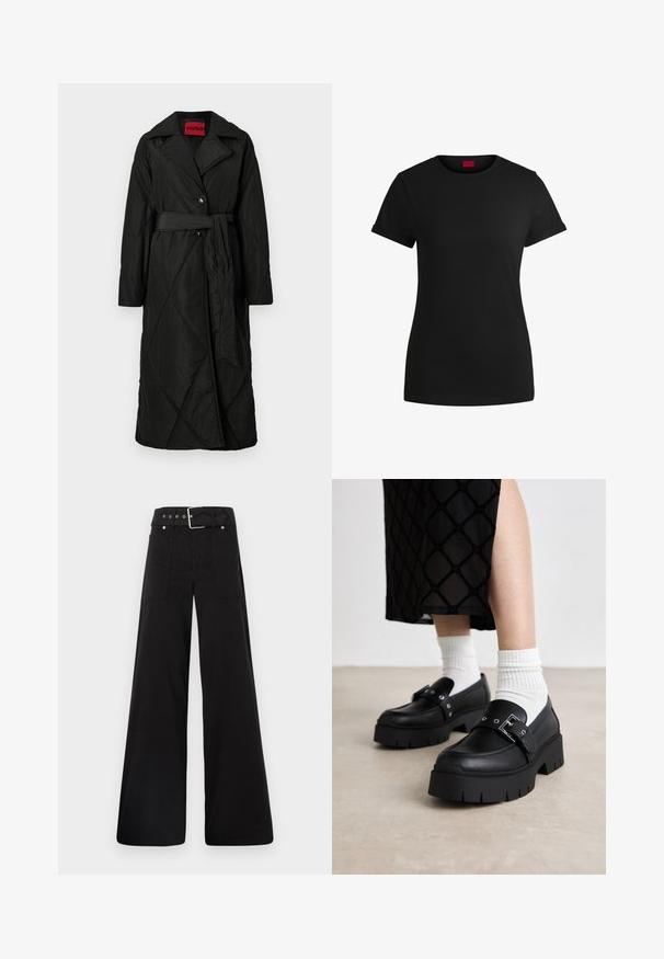 Lang svart quiltet frakk med bred krage, to knapper og matchende belte knyttet i midjen, merket HUGO inne i kragen.; Svart bomulls-t-skjorte med korte, rullede ermer, rund halslinning og rød etikett. Glatt tekstur, tettsittende fasong med minimale detaljer.; Sorte vidde bukser laget av bomull, med høy midje, store sidelommer og belte med sølv detaljer.; Svart plattform loafers med en glatt skinnfinish, med en spenne detalj og naglede akenter, sammen med hvite ribbede sokker.