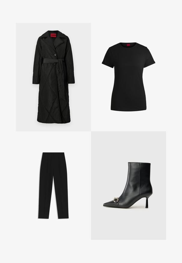 Cappotto lungo nero trapuntato con ampio colletto, due bottoni e cintura coordinata legata in vita, etichettato HUGO all'interno del colletto.; T-shirt in cotone nero con maniche corte arrotolate, scollatura rotonda e etichetta rossa. Texture liscia, forma aderente con dettagli minimi.; Pantaloni neri a taglio dritto, con doppie pieghe, una texture liscia e un design classico in vita. Nessun hardware o dettaglio visibile.; Stivale alla caviglia in pelle nera con punta affusolata, tacco sottile di media altezza e dettaglio in fibbia argentata sul lato, su sfondo semplice.