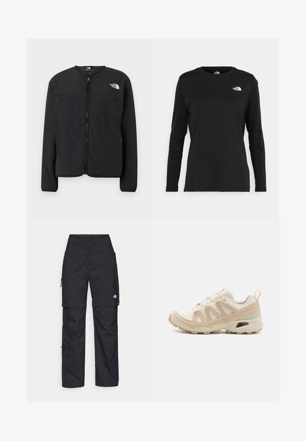 Must mustriga nööpidega jope ümmarguse kaelusega, millel on vasakul rinnal valge The North Face logo. Kerge kangas, pikad varrukad, ilma mustriteta.; Must mustahiheline T-särk, millel on pikad varrukad, valmistatud puuvillast ja ümarast kaelusest. Vasakul rinnal on väike valge logo. Lihtne disain ja sobivus.; Mustad nailonist valmistatud eemaldatavad cargo-püksid, reguleeritavate pahkluudega, mitmete taskutega ja paremal jalal logoga. Sile, kerge tekstuur.; Beež ja koobalti spordijalats tekstureeritud võrkkattega, toetavad ülemised kihid ja kummist tallaga, millel on mustriga joonistus haardeks.