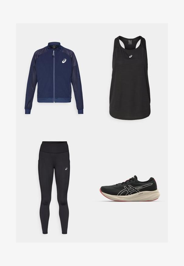 Navy blue jacket with a zippered front, mesh side panels, and a high collar. Features a white logo on the left chest and elastic cuffs.; Black athletic tank top made of lightweight fabric. Features a round neckline, racerback design, and a small white logo on the front.; Black leggings with a high waistband, made from smooth, stretchy material. Features a subtle logo on the thigh and side pockets.; Black running shoe with a mesh upper and white accents. Features a cushioned midsole and red outsole detail. Lightweight design.