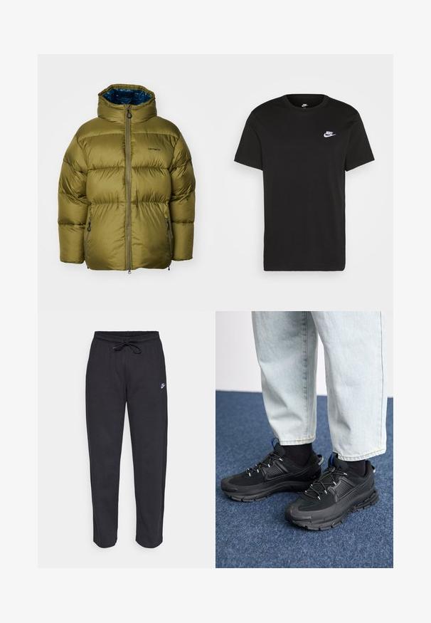 Oliven grøn pufferjakke med høj krave, lynlåslukning foran og to sidelommer. Har en glat overflade og quiltet design.; Sort bomuld T-shirt med korte ærmer, rund hals og et lille hvidt Nike-logo på den øverste venstre bryst. Glat tekstur. Klassisk pasform.; Sorte sweatpants lavet af blødt stof med elastisk talje, snøre og et lille Nike-logo på venstre lår.; Sorte træningssko med tekstureret stof og gummisåler, udstyret med elastiske snørebånd og en blå detalje på hælen. Bæres med lyse denimbukser.