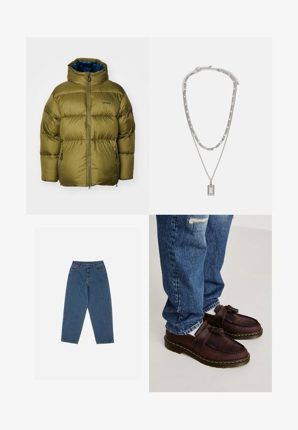 Olivově zelená péřová bunda s vysokým límcem, zapínáním na zip a dvěma bočními kapsami. Disponuje hladkým povrchem a prošívaným designem.; Černé tričko s dlouhým rukávem vyrobené z bavlny, s kulatým výstřihem a rovnýmsilou, s malým logem na rukávu.; Modré džíny z denimu s volným střihem, vysokým pasem, pěticí kapsami a akcenty prošití. Mají zapínání na knoflík a zip.; Hnědé kožené mokasíny s třásněmi, zdobené prošitým designem a žlutou gumovou podrážkou. V kombinaci se světle modrými džíny.; Stříbrný náhrdelník se dvěma vrstvenými řetízky; obsahuje obdélníkový přívěsek s hladkým povrchem, který se vyznačuje leštěným kovovým vzhledem.