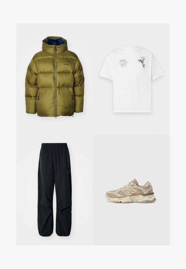 Jachetă puffer verde măsliniu cu guler înalt, cu fermoar frontal și două buzunare laterale. Prezintă un exterior neted și un design matlasat.; Tricou alb din bumbac cu un imprimeu grafic negru al unei figuri cu aripi și text, cu gât rotund și mâneci scurte.; Pantaloni cargo ușori negri, cu talie elastică, fermoare laterale și buzunare încăpătoare. Au un croi lejer și manșete evazate.; Adidași atletici bej din materiale din plasă și suede, cu vârf rotund, talpă groasă și accente reflectante notabile pe lateral.