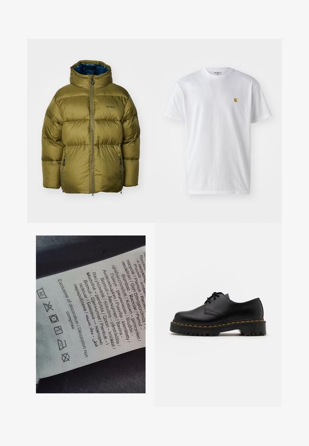 Olive green puffer jacket with a high collar, zippered front, and two side pockets. Features a smooth exterior and quilted design.; White cotton t-shirt with short sleeves, crew neck, featuring a small gold logo on the left chest area. Soft texture and regular fit.; Label tag with multi-language text, care symbols, and recycling icons, printed on a soft fabric-like material in light color.; Black leather lace-up shoe with a rounded toe, textured rubber sole, and yellow stitching around the base. Flat design and smooth finish.