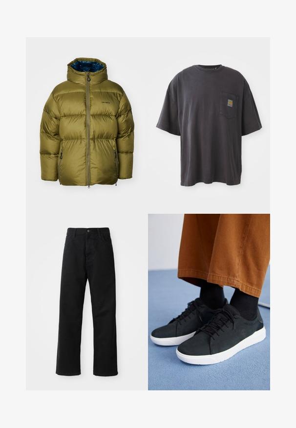 Giacca puffer verde oliva con colletto alto, chiusura con zip frontale e due tasche laterali. Presenta un'esterno liscio e un design trapuntato.; T-shirt nera in cotone con maniche corte, scollatura rotonda e taschino sul lato sinistro con una toppa quadrata. Design semplice e privo di fronzoli.; Pantaloni in denim nero con taglio dritto, caratterizzati da tasche frontali, chiusura con zip e un singolo bottone superiore. Tessuto testurizzato con finitura opaca.; Sneakers in suede nera con suole in gomma bianca, dotati di un design con lacci, accenti testurizzati e branding sottile, abbinati a pantaloni marroni.