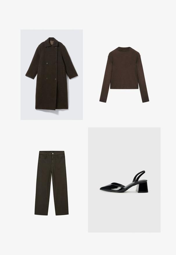 Dark green wool coat with a double-breasted design, wide collar, two side pockets, and large black buttons. Long, straight sleeves.; Dark brown long-sleeve crew neck sweater with a slightly cropped fit and simple, seamless design.; Dark green wide-leg jeans made of cotton blend, featuring a front button closure, five pockets, and classic denim stitching.; Black patent leather slingback heels with a pointed toe and a geometric block heel. Features a sleek, minimal design and smooth texture.