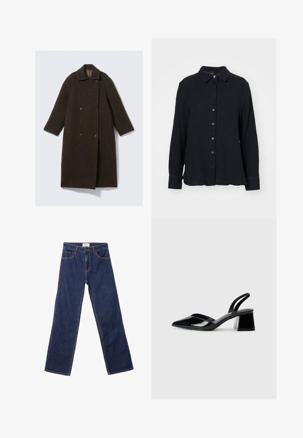 Manteau en laine vert foncé au design croisé, avec un large col, deux poches latérales et de grands boutons noirs. Manches longues et droites.; Gina Tricot Chemisier - black; Jean droit bleu foncé avec poches avant, passants de ceinture et fermeture à bouton.; Escarpins en cuir verni noir avec bout pointu et talon bloc géométrique. Présente un design élégant et minimaliste ainsi qu'une texture lisse.