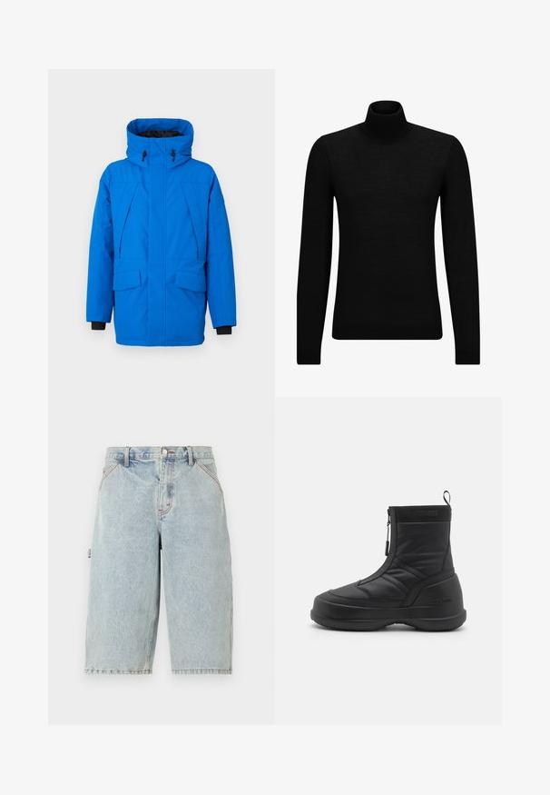 Kék vízálló parka magas gallérral, két elülső zsebbel, cipzáras záródással és állítható kapucnival. Texturált anyag kontrasztos fekete mandzsettákkal.; Fekete garbó pulóver puha anyagból, hosszú ujjakkal és szoros fazonnal. Ribbed díszítés az alján és az ujjak végén. Egyszerű dizájn.; Noon Goons RUNAWAY - Farmer rövidnadrágok - washed blue; Fekete vízálló hócipő sima szintetikus felsőrésszel, cipzáras záródással, párnázott gallérral és barázdált gumitalppal. A "MOON BOOT" márkázás emeli ki.
