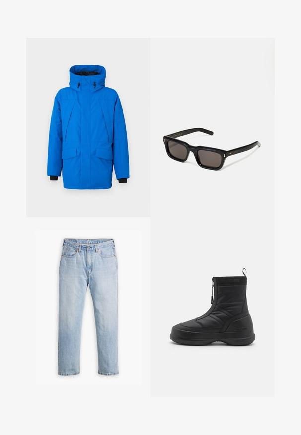 Sinine vetthülgav park, millel on kõrge krae, kaks eesmist taskut, tõmblukk ja reguleeritav kapuuts. Tekstuuriga kangas koos kontrastsete mustade varrukatega.; Valge lühikeste varrukatega t-särk puuvillaste kangast, ümmarguse kaelusega. Lihtne disain, ilma mustrite ja detailideta. Sile tekstuur.; Heledad hall sinised teksad sirge sääre disainiga, viie taskuga stiil ja kontrastne õmblus. Kõhukohal nööp ja lukk.; Mustam veekindel talveking, millel on siledast sünteetilisest materjalist ülemine osa, tõmbluku sulgemine, pehmendatud kaelus ja tekstuuriga kummitald. Rõhutatud "MOON BOOT" brändingu kaudu.; Mustad mustakorruselised prillid tumedate läätsedega, paks plastikraam, kuldsed aksendid templites ning kaubamärgi logo graveeritud käe lilla.