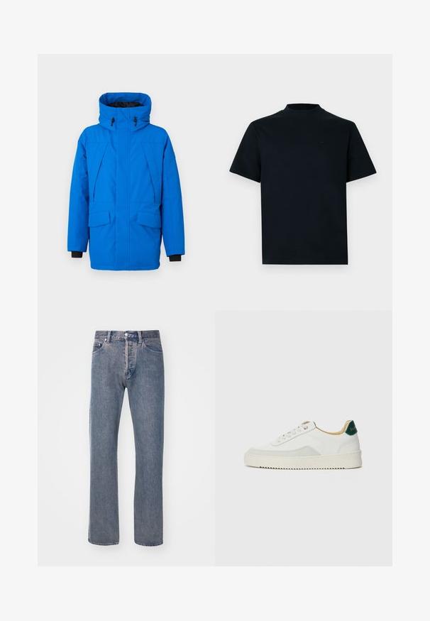 Sininen vedenpitävä parka, jossa on korkea kaulus, kaksi etutaskua, vetoketjusulku ja säädettävä huppu. Kankaassa on tekstuuria ja mustat kontrastiväriset hihansuut.; Lyhythihainen t-paita täysin mustana, jossa on korkea kaula-aukko. Valmistettu sileästä kankaasta, sisältää minimalistisen muotoilun ja huomaamattoman brändäyksen rinnassa.; Vaaleansiniset suorat farkut, jotka on valmistettu farkkukankaasta. Niissä on viisi taskua, vetoketjukiinnitys ja kontrastiväriset ompeludetaileja.; Valkoiset tennarit, joissa on nahkaosia, pyöreä kärki, tasaiset nauhat ja kermaisa kumi-pohja. Takana vihreä brändäys.