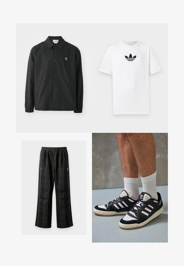 Jachetă neagră, ușoară, cu un design cu guler. Dispune de nasturi tip snap, buzunare laterale și manșete elastice. Patch cu logo pe pieptul stâng.; Tricou alb din bumbac, având un logo Adidas negru în centrul său. Mâneci scurte și un design cu gât rotund. Textură fină.; Pantaloni cu un model carourile negre, având talie elastică, două buzunare frontale și un croi lejer cu picioare drepte. Construiți dintr-un material ușor.; Adidași negri și albi cu un superior din suede și piele, prevăzuți cu trei dungi albe, un vârf perforat și o talpă din cauciuc caramel.
