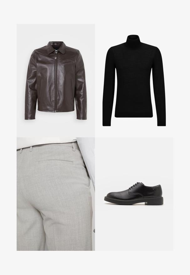 Veste en cuir marron avec un col, fermeture éclair à l'avant et poches latérales. Texture lisse avec un branding subtil sur la poitrine.; Pull à col roulé noir en matériau doux, avec des manches longues et une coupe ajustée. Finition côtelée au bas et aux poignets. Design simple.; Pantalon gris clair sur mesure en tissu texturé, avec une seule poche arrière et des coutures nettes.; Chaussure noire en cuir à lacets avec un embout arrondi, texture lisse, piqures minimales et un petit talon en caoutchouc. Logo sur le talon.