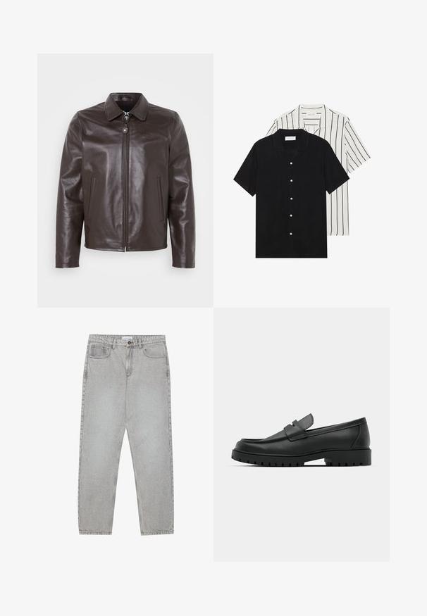 Hnědá kožená bunda s límečkem, předním zipem a bočními kapsami. Hladká textura s jemným logem na hrudi.; Dvě košile s krátkým rukávem: jedna jednobarevná černá, druhá bílá s černými vertikálními pruhy. Obě mají zapínání na knoflíky a klasický límeček.; Světlé šedé džíny s rovnými nohavicemi, pět kapsami a knoflíkovým zapínáním. Viditelné švy podél švů.; Černé kožené mokasíny s kulatou špičkou, zdobené prošitím, s nízkou platformou a texturovanou gumovou podrážkou s drážkováním.