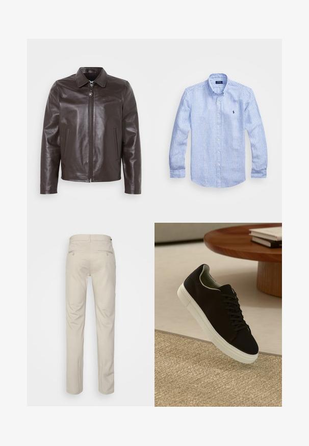 Casaco de couro castanho com gola, fecho frontal e bolsos laterais. Textura suave com uma marca discreta no peito.; Camisa de manga longa azul e branca com riscas, feita de algodão, apresentando um colarinho abotoado, botões frontais e um pequeno logotipo bordado no peito.; Calças bege com uma textura suave, corte reto, dois bolsos traseiros com botões e uma cintura padrão.; Sneaker preto com sola branca flutuando acima de um tapete texturizado bege, perto de uma mesa redonda de madeira com livros empilhados.