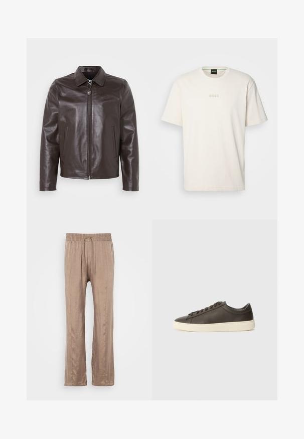 Veste en cuir marron avec un col, fermeture éclair à l'avant et poches latérales. Texture lisse avec un branding subtil sur la poitrine.; BOSS TEE - T-shirt basique - open white; Pantalon large de couleur marron clair, en tissu lisse, avec une taille élastique dotée d'un cordon de serrage et deux plis devant.; Baskets en cuir brun foncé avec une finition texturée, semelle en caoutchouc blanc et lacets plats. Design minimaliste sans logos visibles.