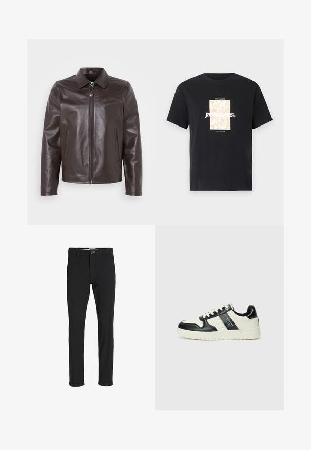 Braune Lederjacke mit umschlagbarem Kragen, Frontzipper und Seitentaschen. Glatte Textur mit dezentem Branding auf der Brust.; Schwarzes Baumwoll-T-Shirt mit Rundhalsausschnitt. Hat eine beige rechteckige Grafik und weißen Text "JAWO", zentriert auf der Vorderseite. Kurze Ärmel.; Schwarze Baumwollmischungshose mit schmalem Schnitt, gekennzeichnet durch einen Knopfverschluss, Taschen und umgeschlagenen Säumen für einen lässigen Abschluss.; Leder-Sneaker in Schwarz- und Cremetönen, mit perforierten Akzenten, einem gepolsterten Kragen und einer strukturierten Laufsohle.