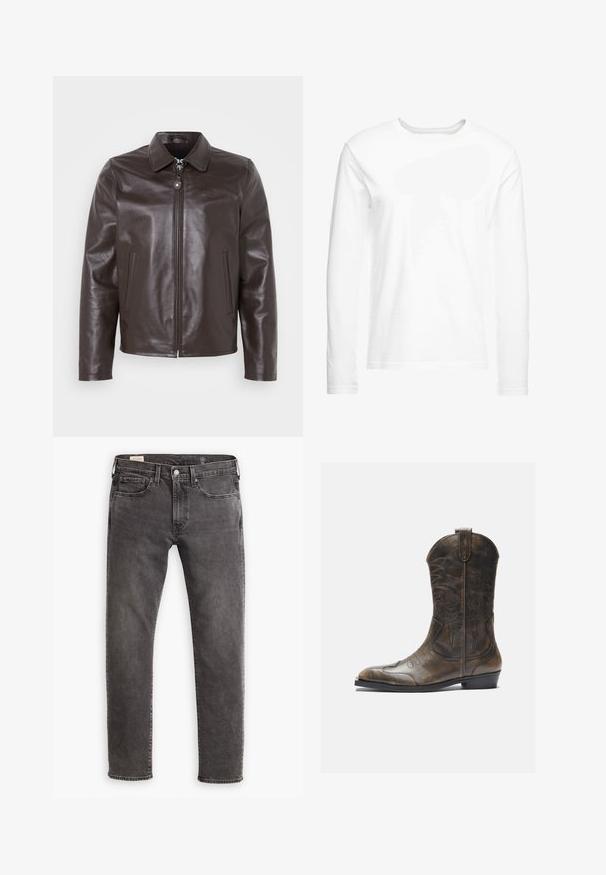 Veste en cuir marron avec un col, fermeture éclair à l'avant et poches latérales. Texture lisse avec un branding subtil sur la poitrine.; T-shirt blanc à manches longues en coton doux. Encolure ronde avec des ourlets droits et sans motifs ni graphiques visibles.; Jean en denim gris avec une coupe droite, design à cinq poches et fermeture à bouton. Présente un dégradé subtil et des coutures ton sur ton.; Botte de cow-boy en cuir marron avec un long tige, un bout pointu, des motifs de couture complexes et un petit talon. Finition texturée tout au long.